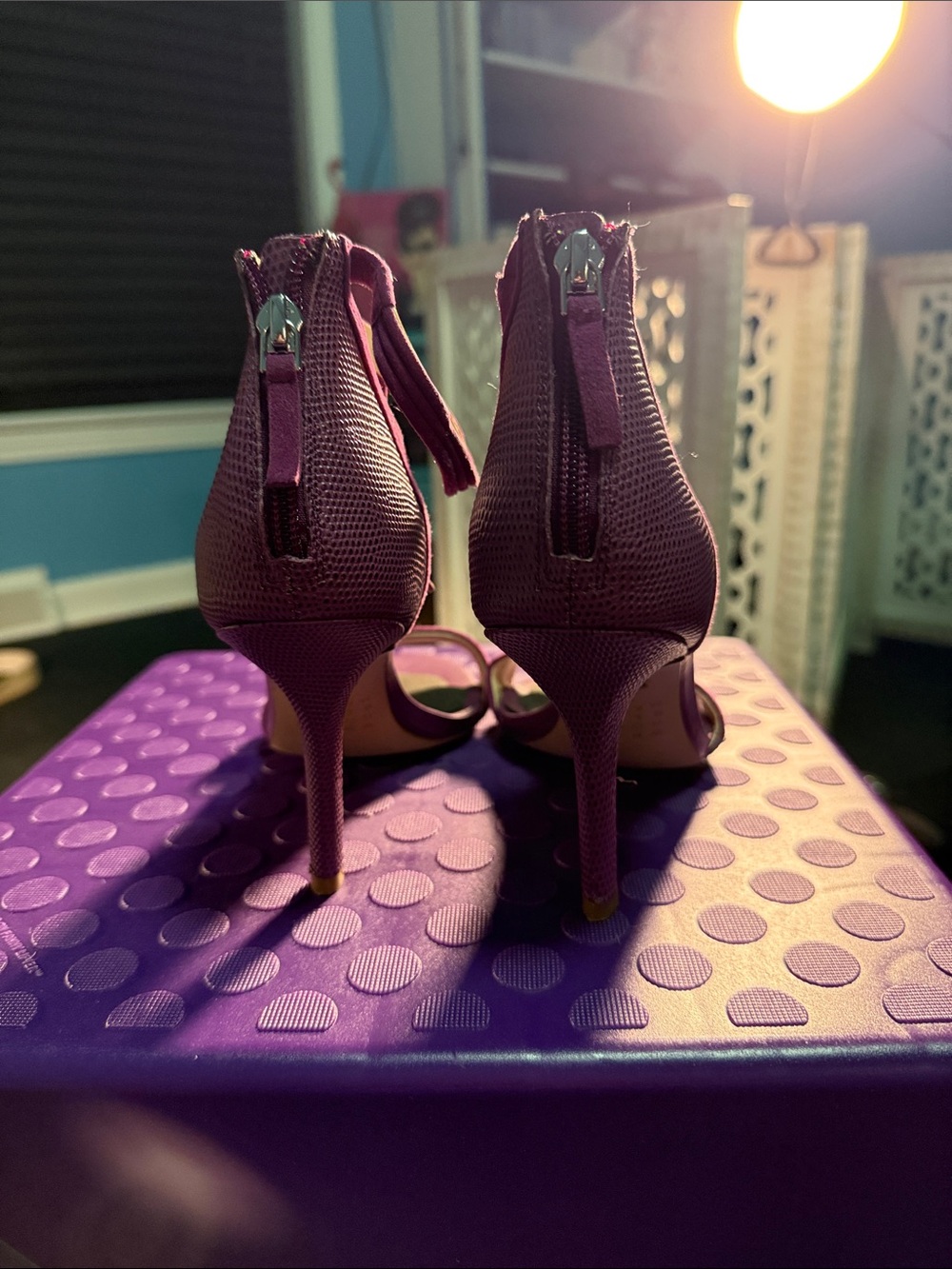 White House Black Market Purple Tassel Ankle-Strap Stiletto Sandals - Picture 3 of 5